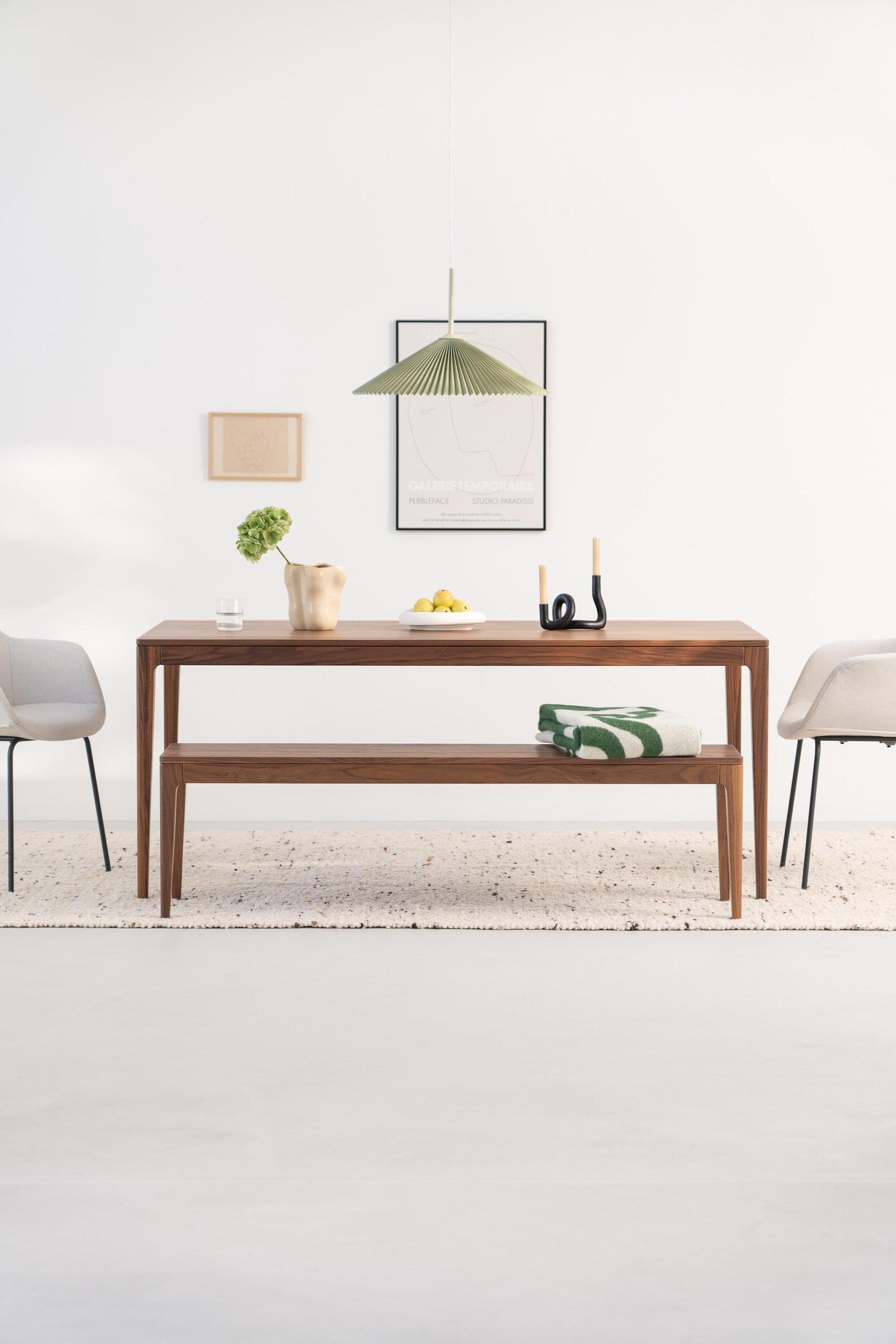 180 cm solid walnut dining table set with 160 cm benches, natural finish, benches also suitable for other spaces 