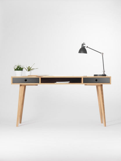 KUUB 2 LARGE office desk with two drawers and wide central recess, solid oak, customizable black fronts, hardwax oil finish
