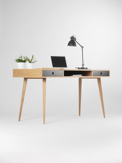 KUUB 2 LARGE office desk with two drawers and wide central recess, solid oak, customizable black fronts, hardwax oil finish