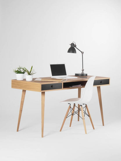 KUUB 2 LARGE office desk with two drawers and wide central recess, solid oak, customizable black fronts, hardwax oil finish