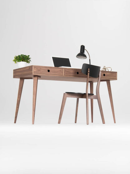 KUUB 3 desk with three drawers, walnut veneer, customizable fronts, and hardwax oil finish