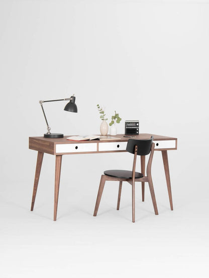 KUUB 3 desk with three drawers, walnut veneer, customizable fronts, and hardwax oil finish
