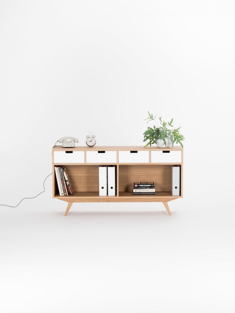 KUUB 6 sideboard featuring four drawers, two open compartments, customizable fronts, crafted in solid oak, finished with hardwax oil