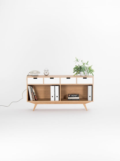 KUUB 6 sideboard featuring four drawers, two open compartments, customizable fronts, crafted in solid oak, finished with hardwax oil