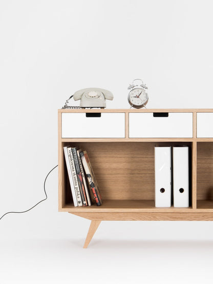 KUUB 6 sideboard featuring four drawers, two open compartments, customizable fronts, crafted in solid oak, finished with hardwax oil