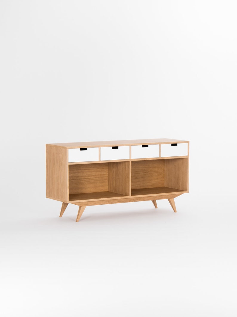 KUUB 6 sideboard featuring four drawers, two open compartments, customizable fronts, crafted in solid oak, finished with hardwax oil