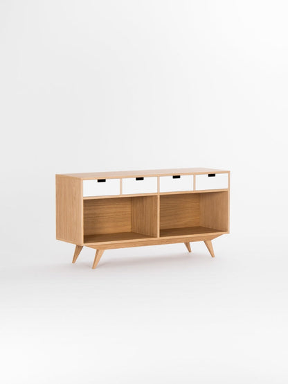 KUUB 6 sideboard featuring four drawers, two open compartments, customizable fronts, crafted in solid oak, finished with hardwax oil