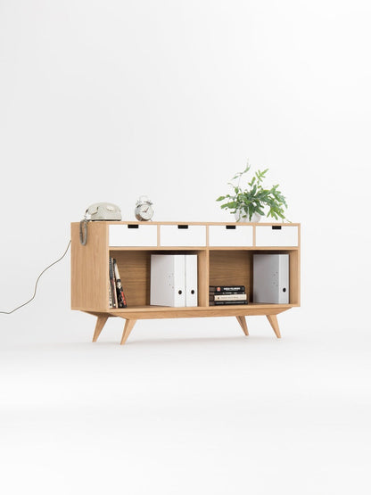 KUUB 6 sideboard featuring four drawers, two open compartments, customizable fronts, crafted in solid oak, finished with hardwax oil