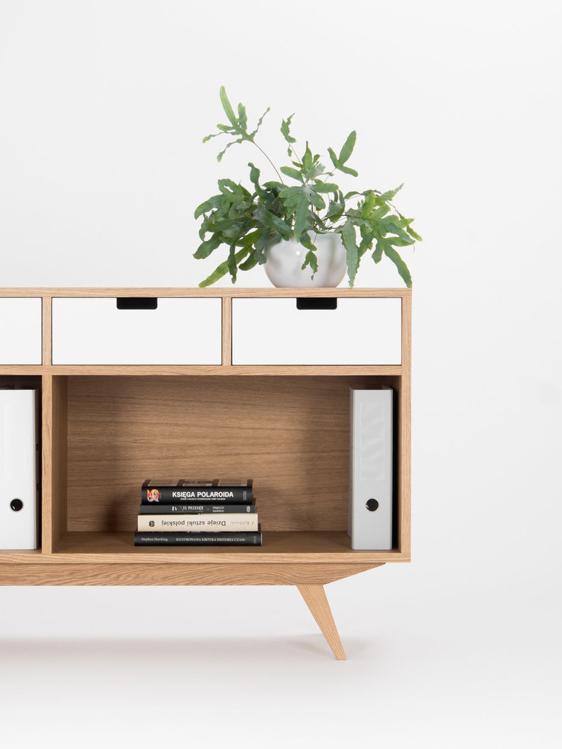 KUUB 6 sideboard featuring four drawers, two open compartments, customizable fronts, crafted in solid oak, finished with hardwax oil