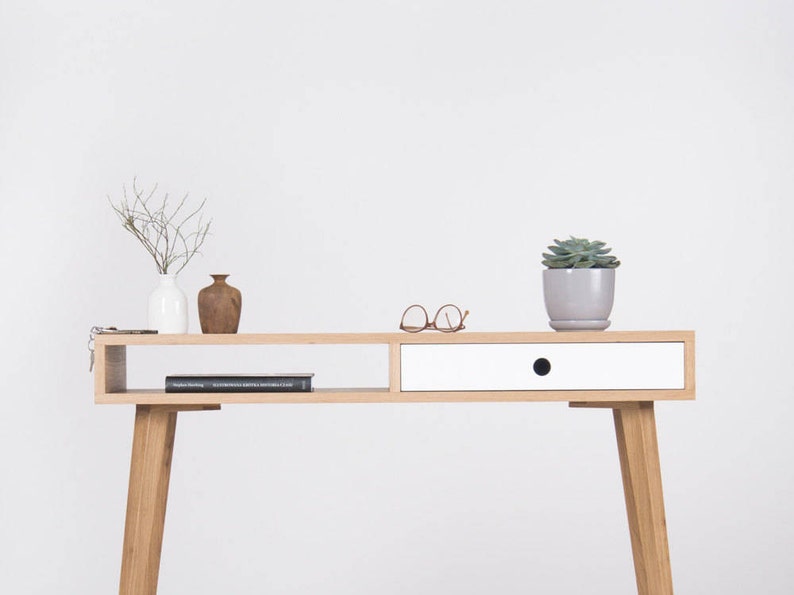 KUUB 1 solid oak wood console table with drawer and open shelf, customizable front, finished in hardwax oil
