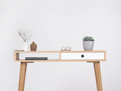 KUUB 1 solid oak wood console table with drawer and open shelf, customizable front, finished in hardwax oil