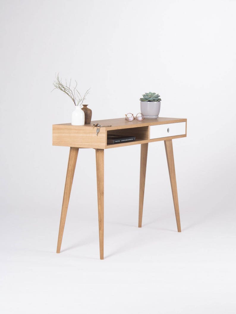 KUUB 1 solid oak wood console table with drawer and open shelf, customizable front, finished in hardwax oil