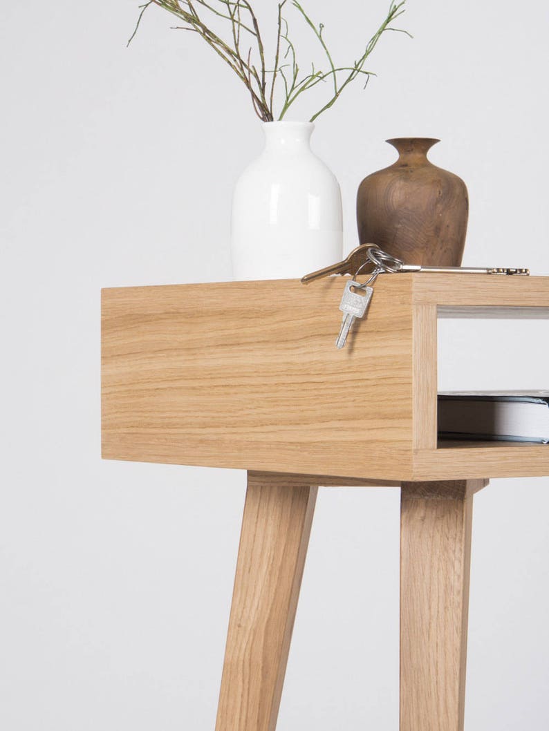 KUUB 1 solid oak wood console table with drawer and open shelf, customizable front, finished in hardwax oil