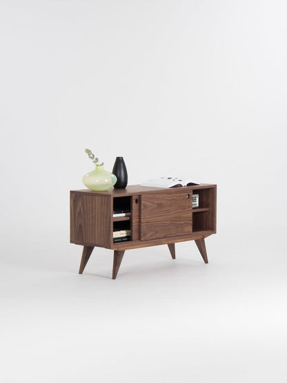 KUUB TV console with two side-sliding doors, walnut veneer, customizable wood fronts, cable holes, and hardwax oil finish