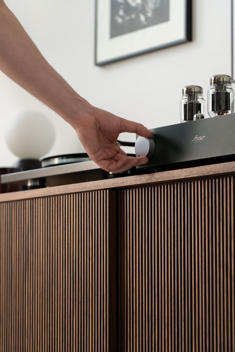 Wide walnut media console with openwork front and customizable compartments 