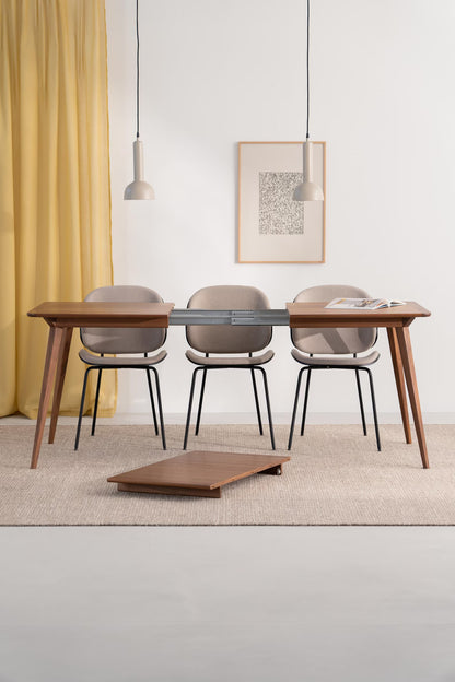 Extendable solid walnut dining table with hard oil wax finish, 135 to 185 cm, seats 6 to 8 people 